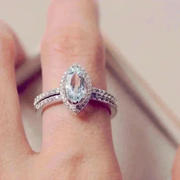 Bridgerton Era Look 14k Gold Played Silver Diamond Aquamarine 2 Piece Set - Picture 2 of 5